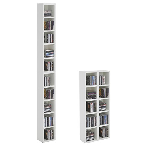 CD DVD Regal Ständer Aufbewahrung CHART, in weiß mit 10 Fächern für bis zu 160 CDs, 20x186,5 cm (Breite x Höhe)