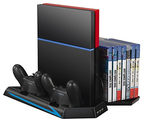 TurnRaise Ladestation mit Lüfter USB für PlayStation 4 PS4 Hub CD Disc DVD Blue Ray Hüllen Stand 14x